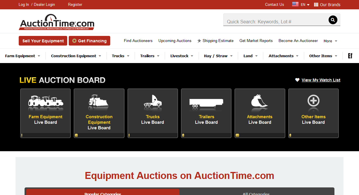 Screenshot of AuctionTime.com showing active Auction Boards